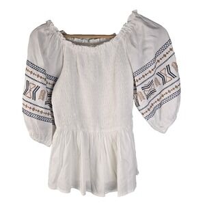 Baevely Women's Pullover Balloon 3/4 Boho Southwest Embroidered Sleeve Babydoll